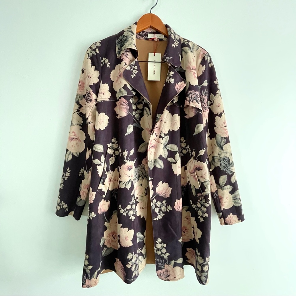 NWT Solitaire Anthropologie Floral Faux Suede Jacket Women’s Size M Plum Color